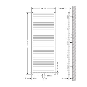 Technische Zeichnung: Weißer ECD Germany Badheizkörper 600x1500 mm mit Eck-Anschlussgarnitur.