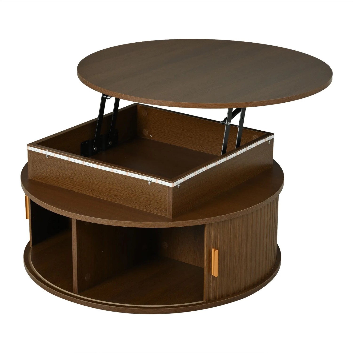 okwish Couchtisch mit LED Höhenverstellbar Rolltür Stauraum 75x75x52cm Hochglanz Braun