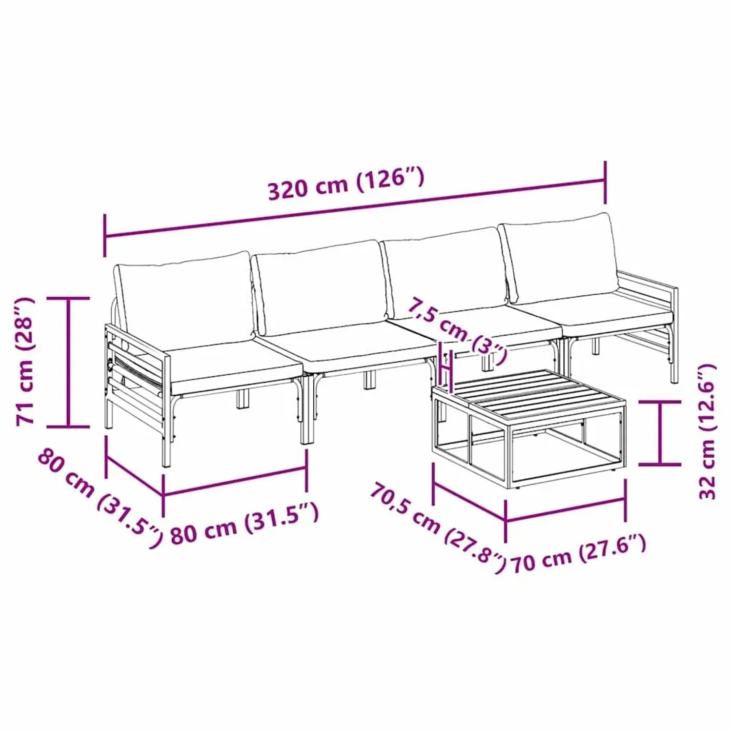 vidaXL Gartenmöbel-Set, 5-teilig, anthrazitfarben, Stahl, mit Maßangaben.