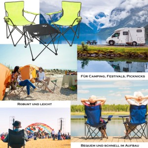 BigDean Campingstuhl-Set: 2 neon grüne Faltstühle & schwarzer Campingtisch mit Getränkehalter. Ideal für Camping, Festival.