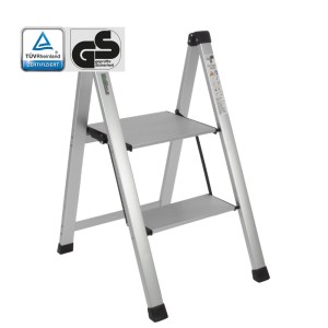 TRUTZHOLM Trittleiter 2 Stufig Klappbar bis 150 kg Alu Anti Rutsch Trittflächen TÜV GS Silber