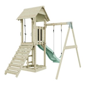 PolarPlay Kinderschaukel Göteborg mintgrün mit Spielturm, Rutsche und Schaukel.