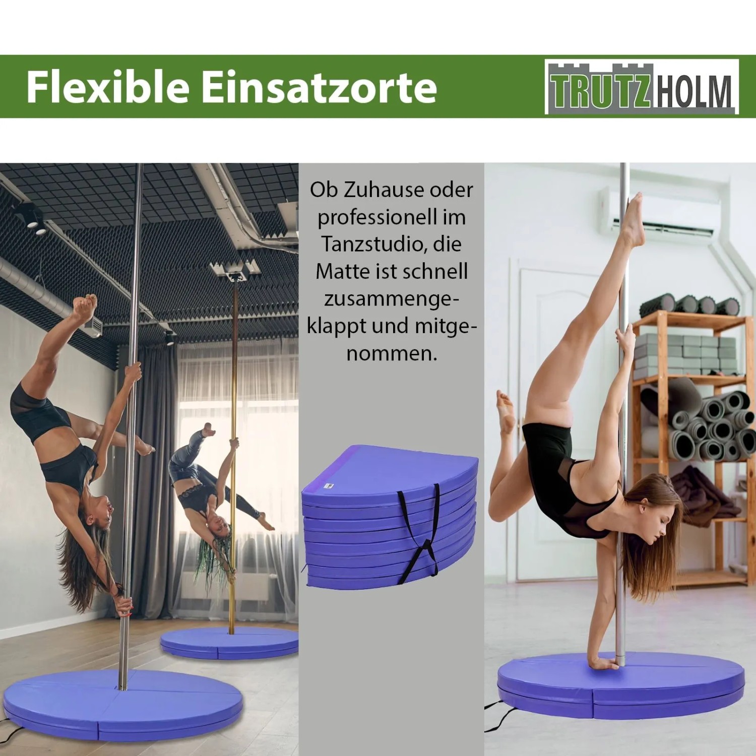 Blaue TRUTZHOLM Tanzstangenmatte, 120cm Durchmesser, 10cm dick, für Sport & Fitness.