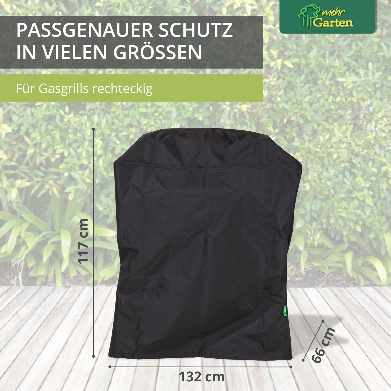 Schwarze, rechteckige Mehr Garten Schutzhülle für Gasgrill, 102x66x109 cm.