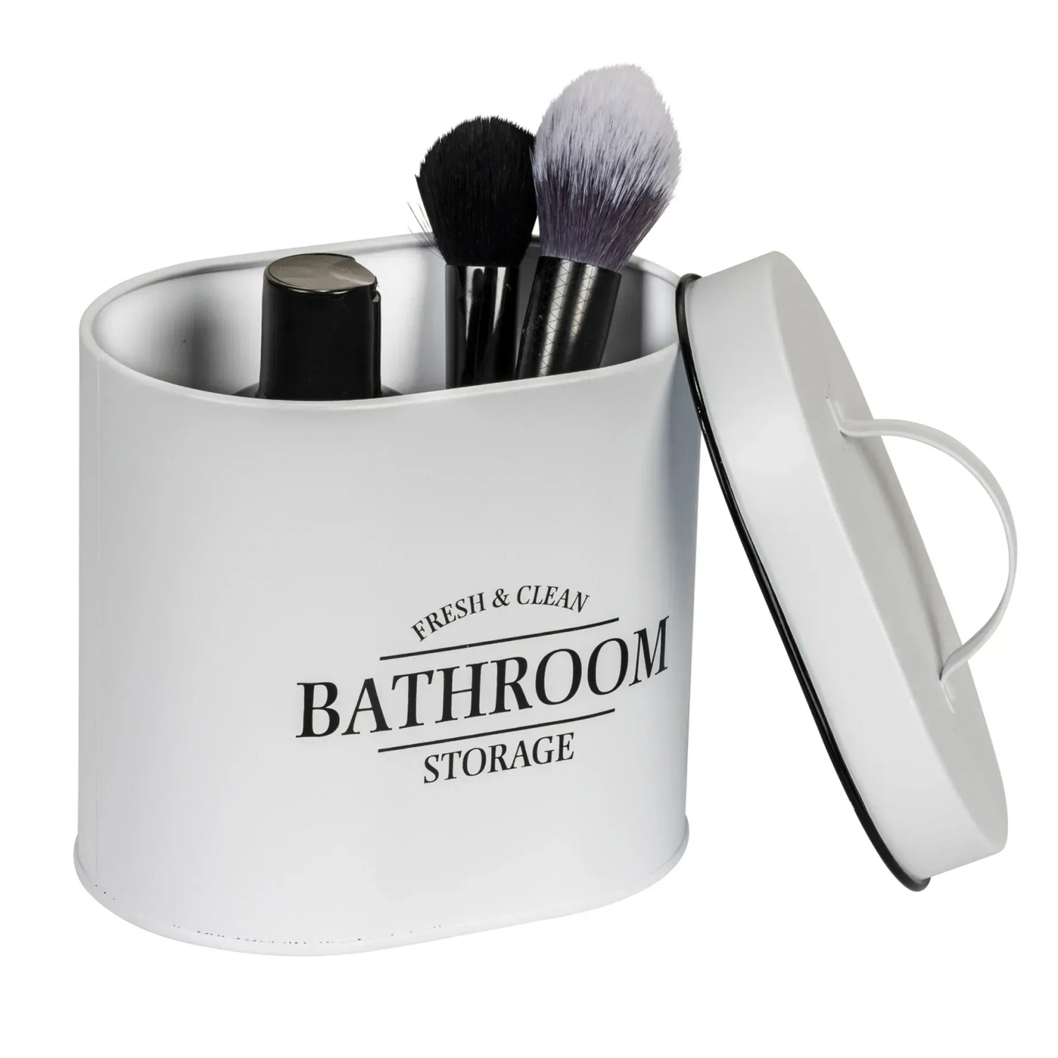 Ovale, weiße Wenko Badbox Pali mit Deckel und Bambusgriff, gefüllt mit Badutensilien.