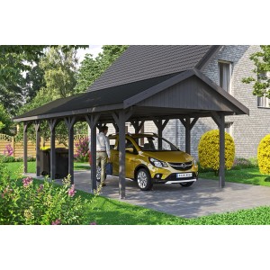 Schiefergrauer Satteldach-Carport Wallgau mit schwarzen Dachschindeln und Auto.