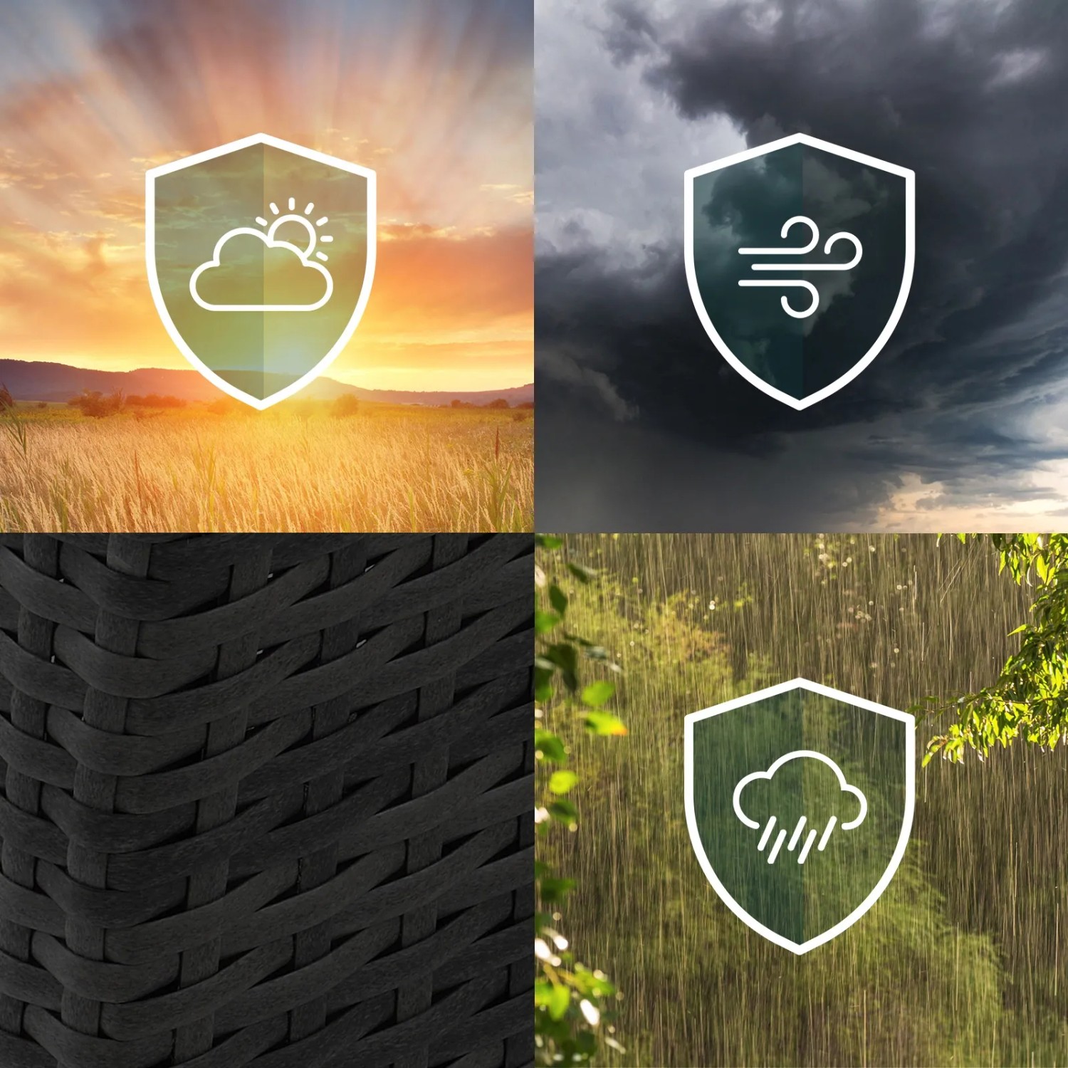 Detailaufnahme: Wetterfestigkeit der schwarzen Polyrattan Gartenmöbel Sitzgruppe Svita Roma.