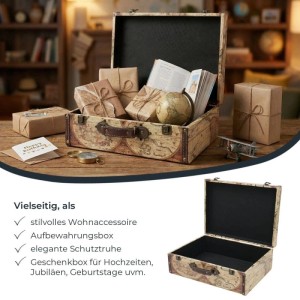 HMF VKO104 Vintage Vintage Koffer Truhe Holzkiste Holz 44 x 32 x 16 cm Deko Weltkarte Farbe