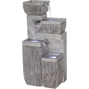 Großer, grauer Design-Gartenbrunnen mit 4 Stufen und LED-Beleuchtung.