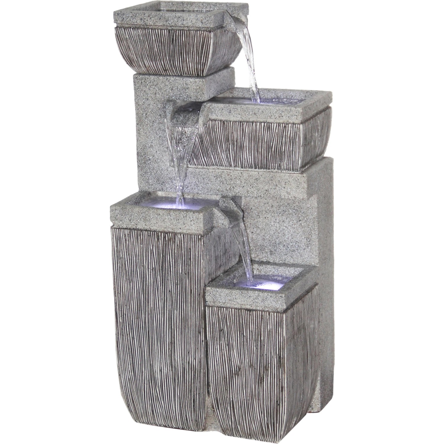 Großer, grauer Design-Gartenbrunnen mit 4 Stufen und LED-Beleuchtung.