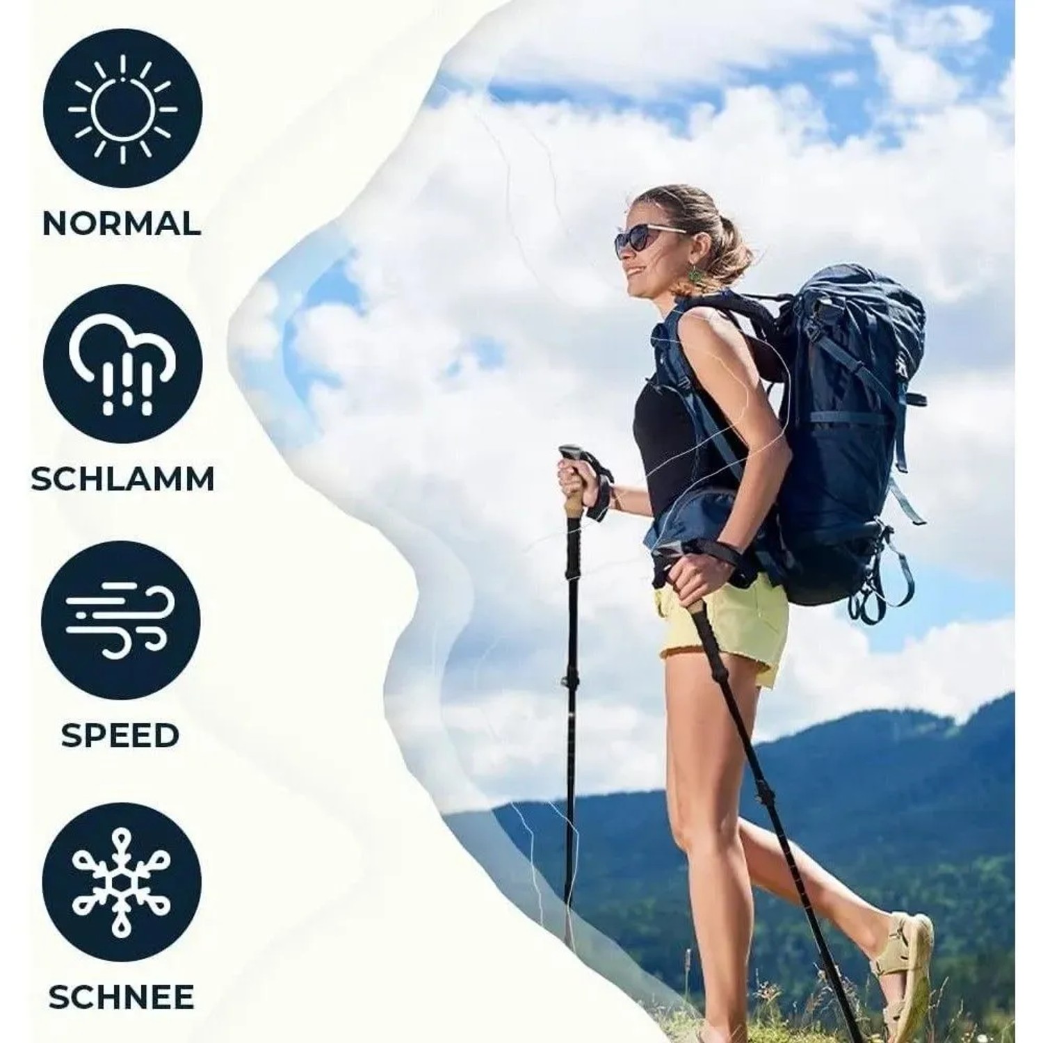 Frau mit Rucksack und Sportisfaction Carbon Wanderstöcken in den Bergen.