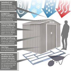 Helles, graues Metall Gerätehaus Hattoro S100 XL mit Fundamentrahmen und Satteldach.