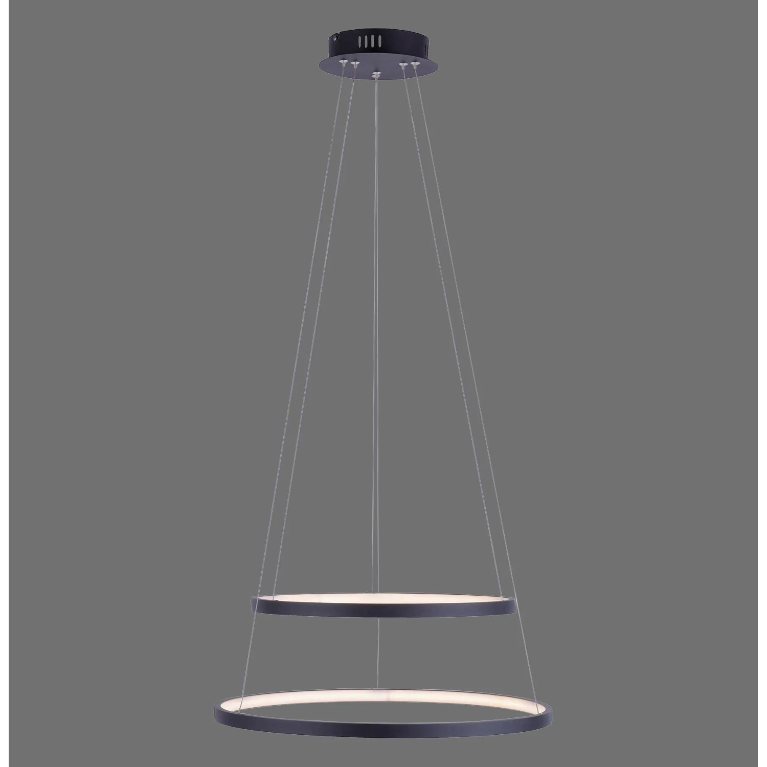 Moderne LED-Pendelleuchte Circle in Anthrazit, zwei Leuchtringe, warmweißes Licht, Design-Stehlampe.