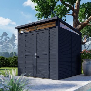 Anthrazitfarbenes Bertilo Gartenhaus Woodline Pent aus Holz (234x226cm) mit Doppeltür.