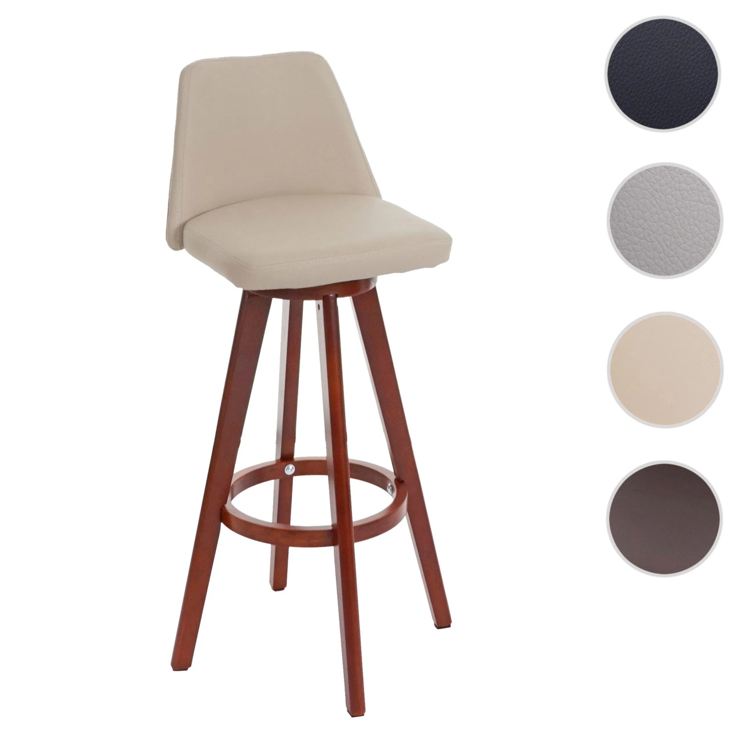 Drehbarer Barhocker creme mit Lehne, Holzbeine. Barstuhl für Tresen oder Küche.