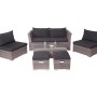 6-teilige Poly-Rattan Lounge-Garnitur in Grau mit schwarzen Kissen und Glasplatte.