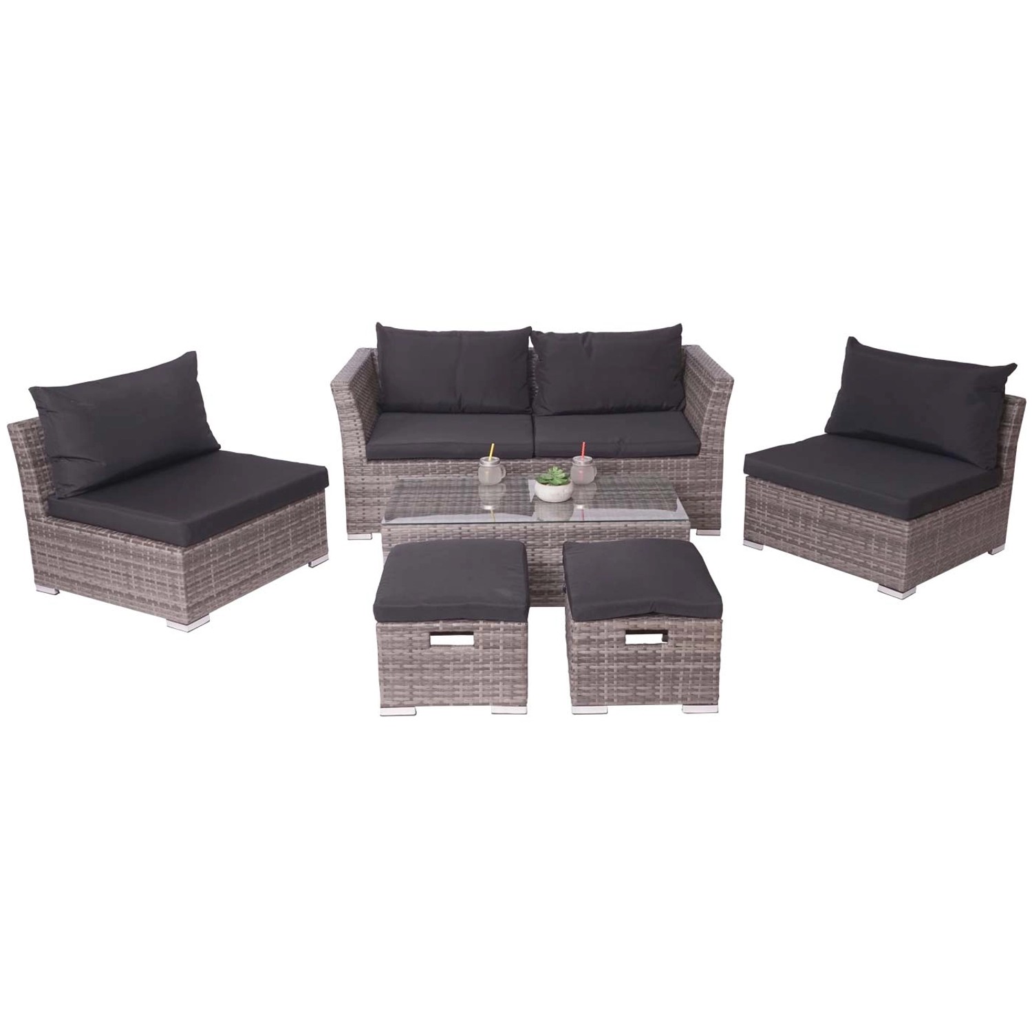 6-teilige Poly-Rattan Lounge-Garnitur in Grau mit schwarzen Kissen und Glasplatte.