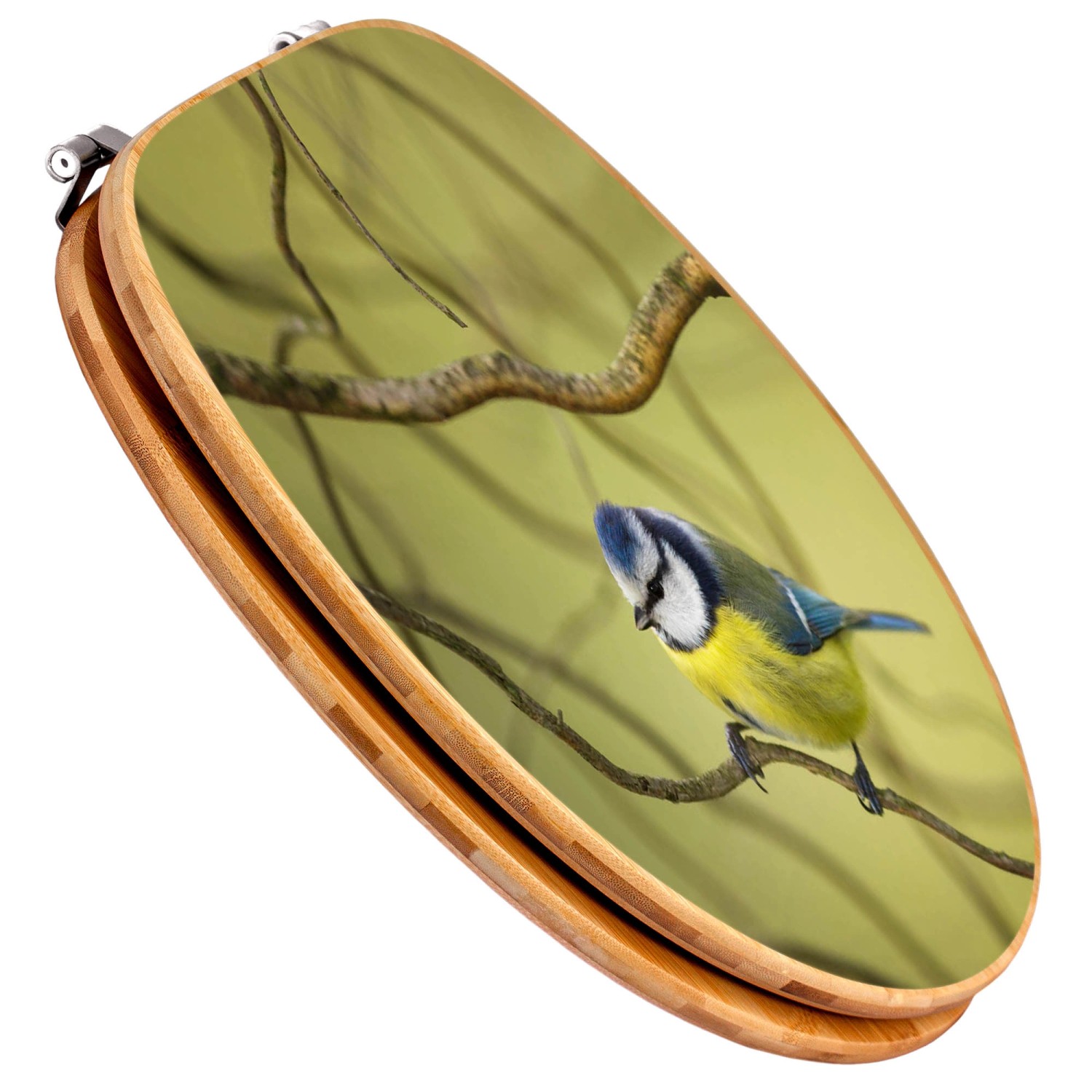Banjado WC-Sitz aus Bambus mit Blaumeise-Motiv. Toilettendeckel aus Holz für Standard-WCs.
