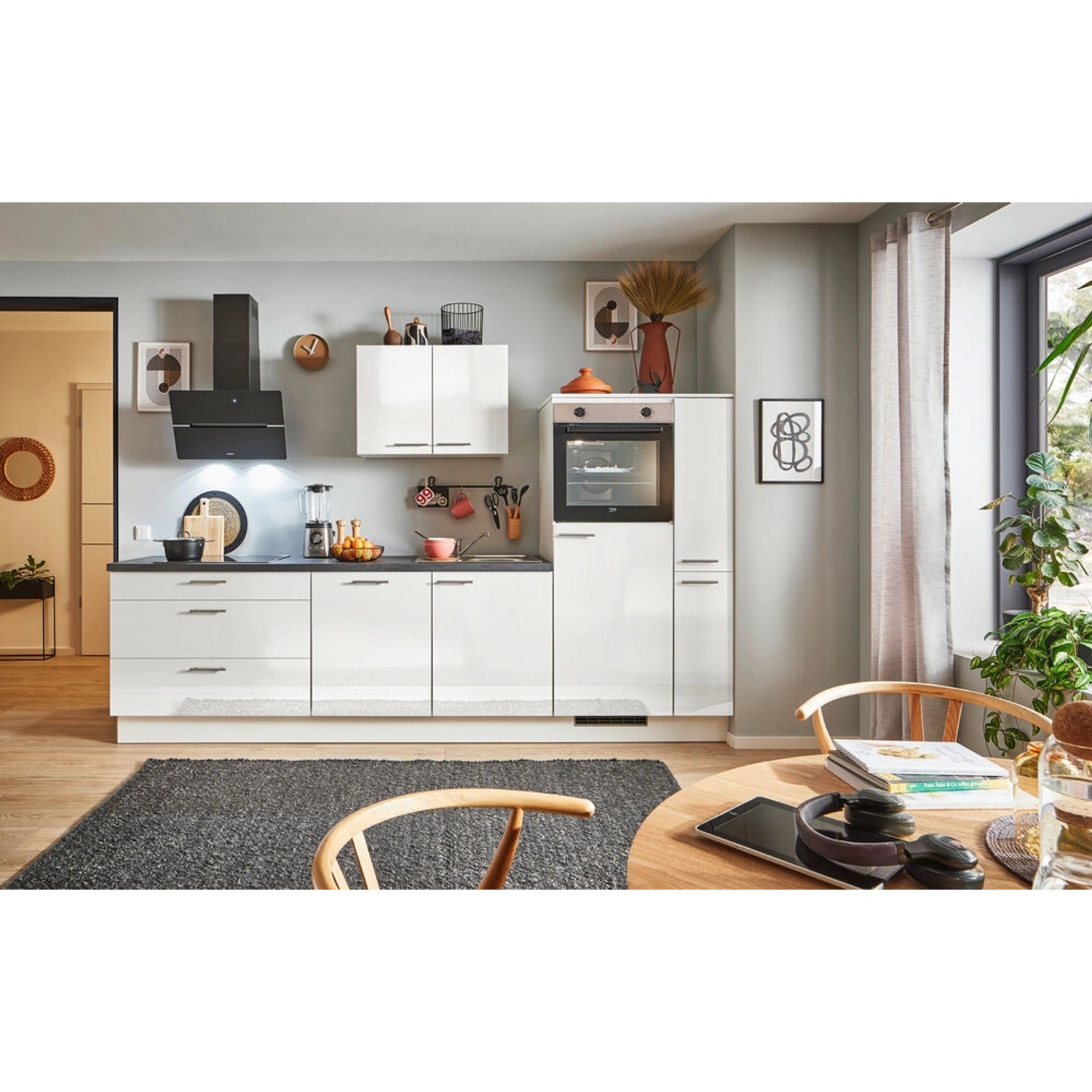 pino Küchenzeile 300cm Weiß Hochglanz Anschlag rechts 1 Geräte-. 1 Seitenschrank