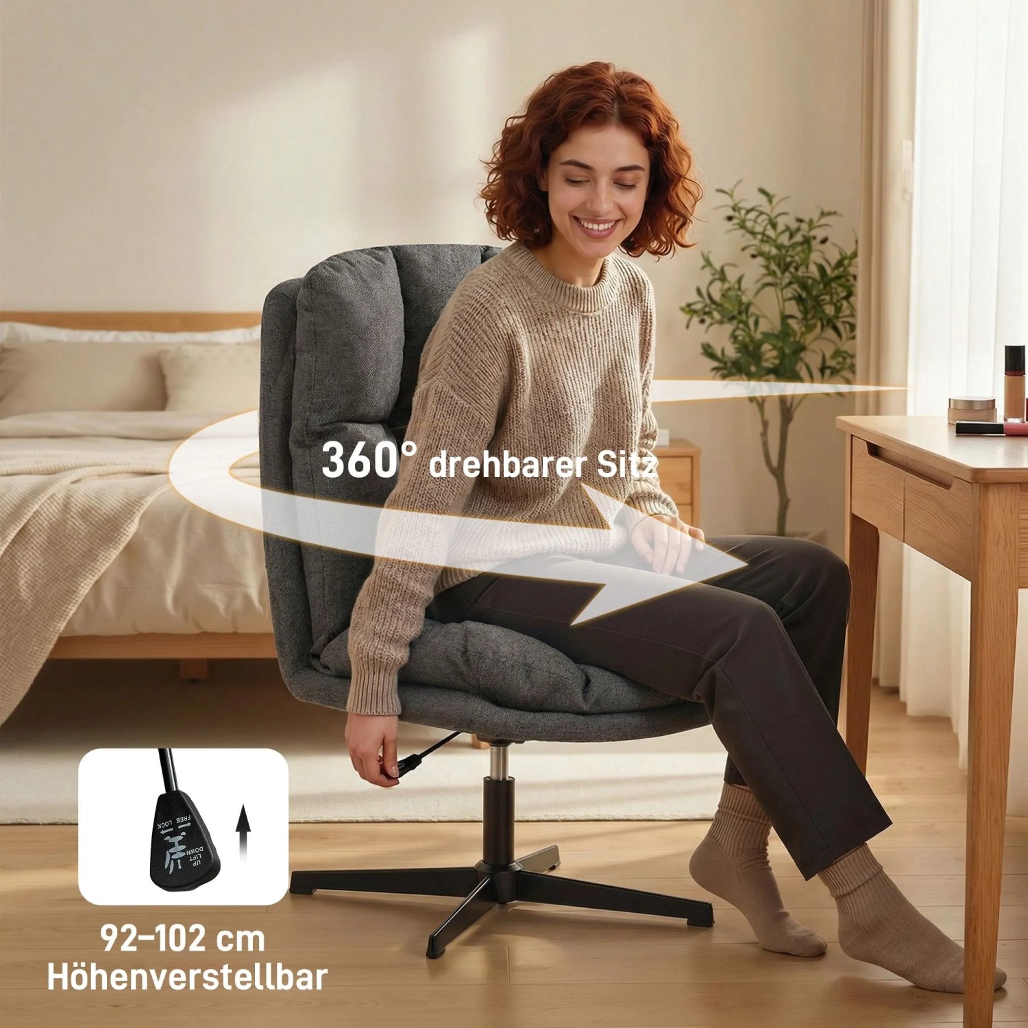 Dunkelgrauer HOMCOM Relaxsessel mit 360° Drehfunktion und Höhenverstellung. Frau sitzt lächelnd am Schreibtisch.