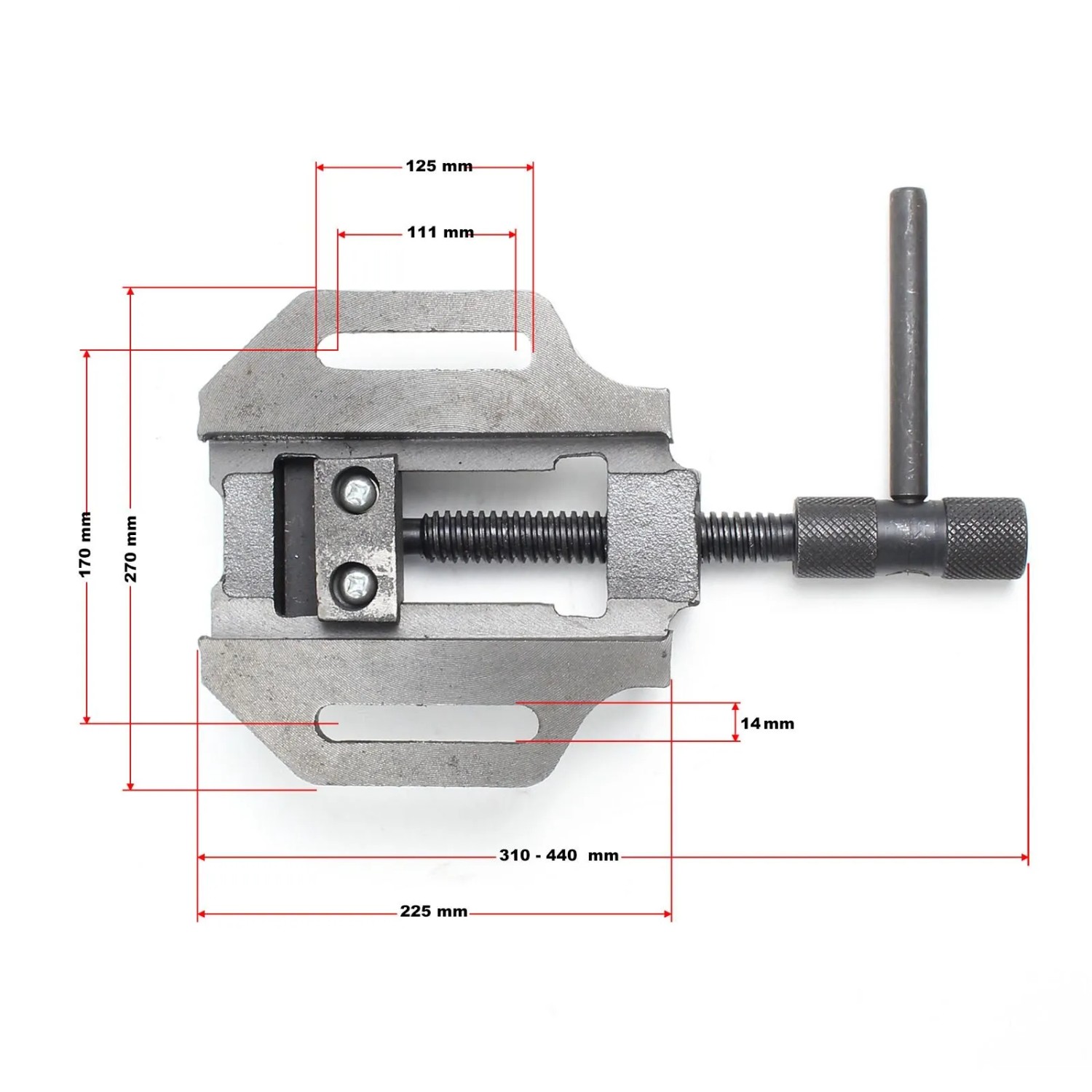Robuster Wiltec Maschinenschraubstock aus Gusseisen mit 150mm Backen und Abmessungen für präzises Spannen in der Werkstatt.