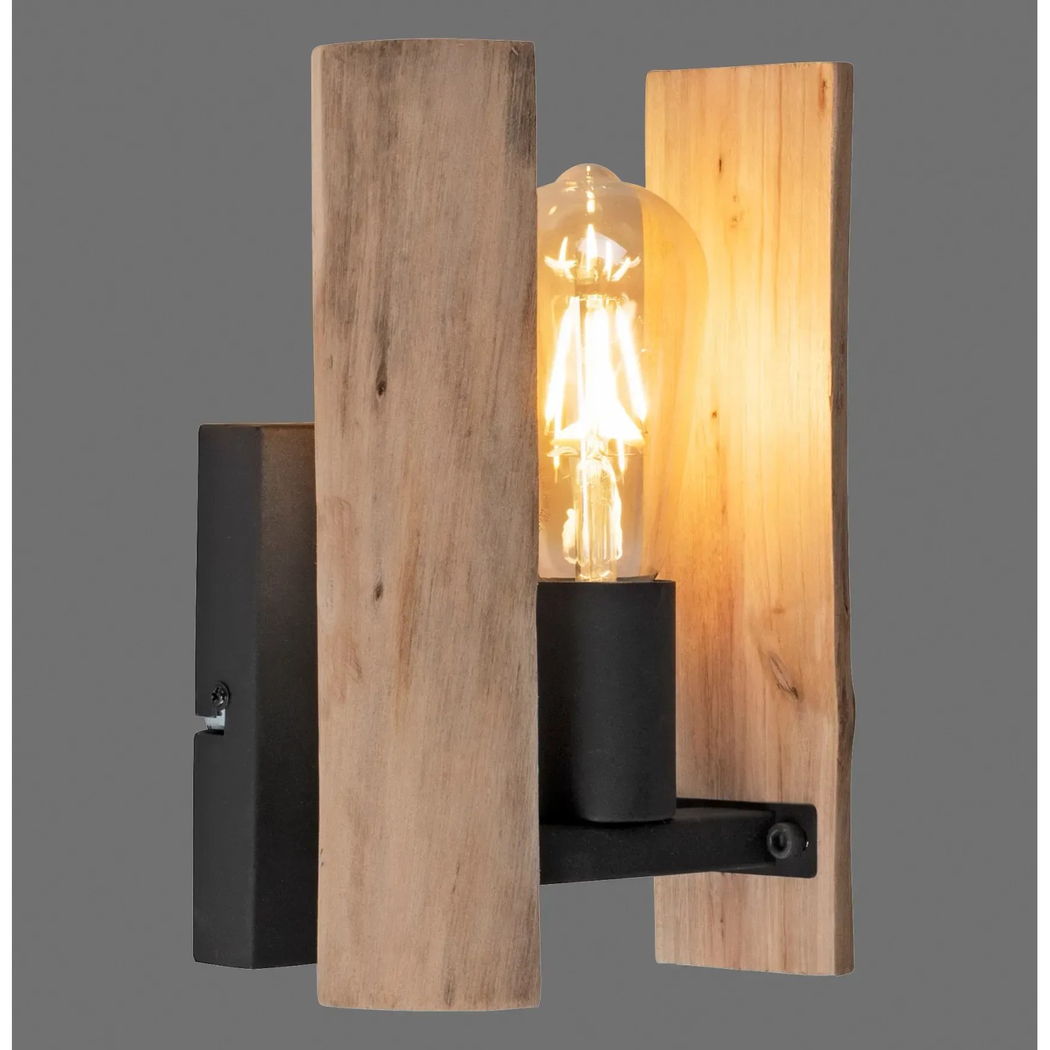 Just Light Wandleuchte Log, 10W, Naturholz, H 25cm. Dekorative Lampe mit Holzdetails und schwarzer Fassung.