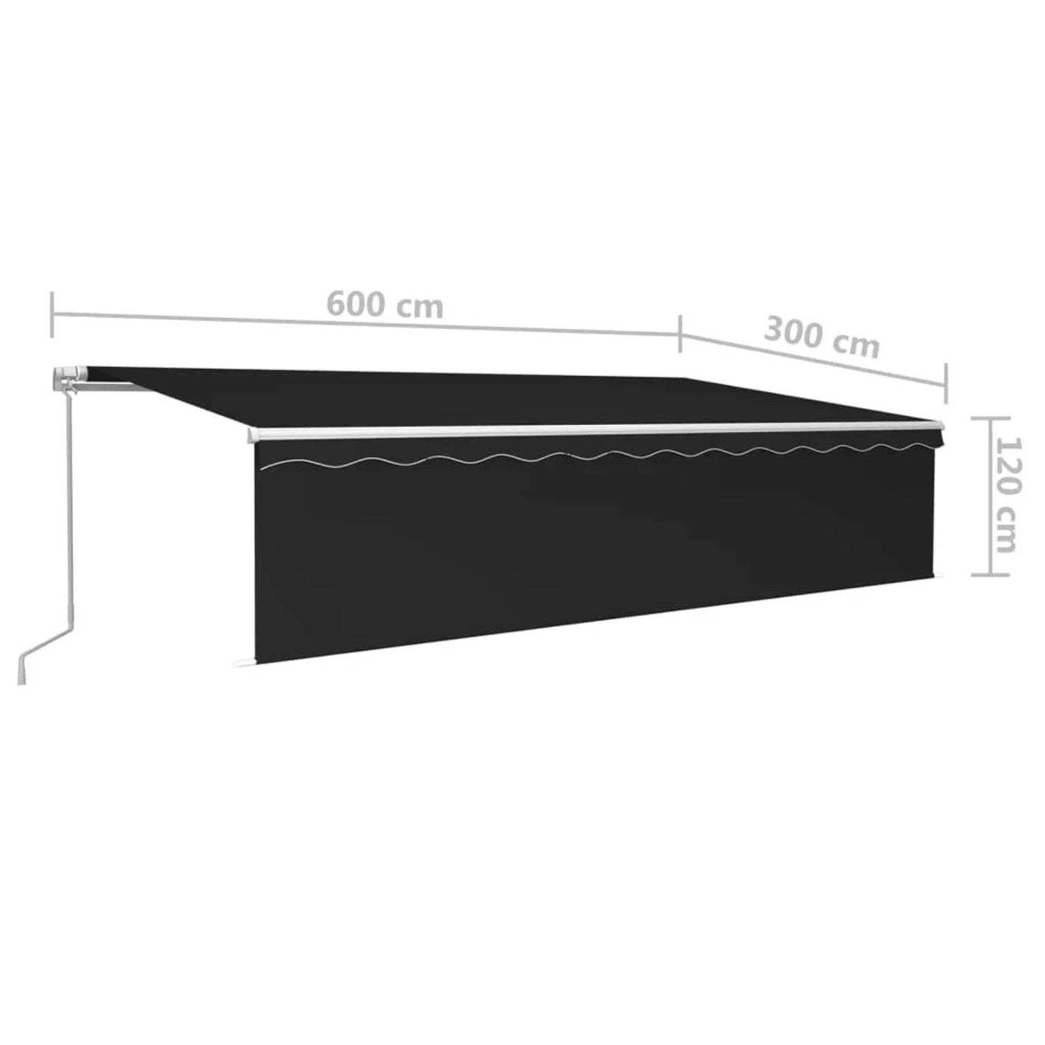 Anthrazitfarbene Furnicato Markise, 600x300 cm, mit Handkurbel und weißem Rahmen.