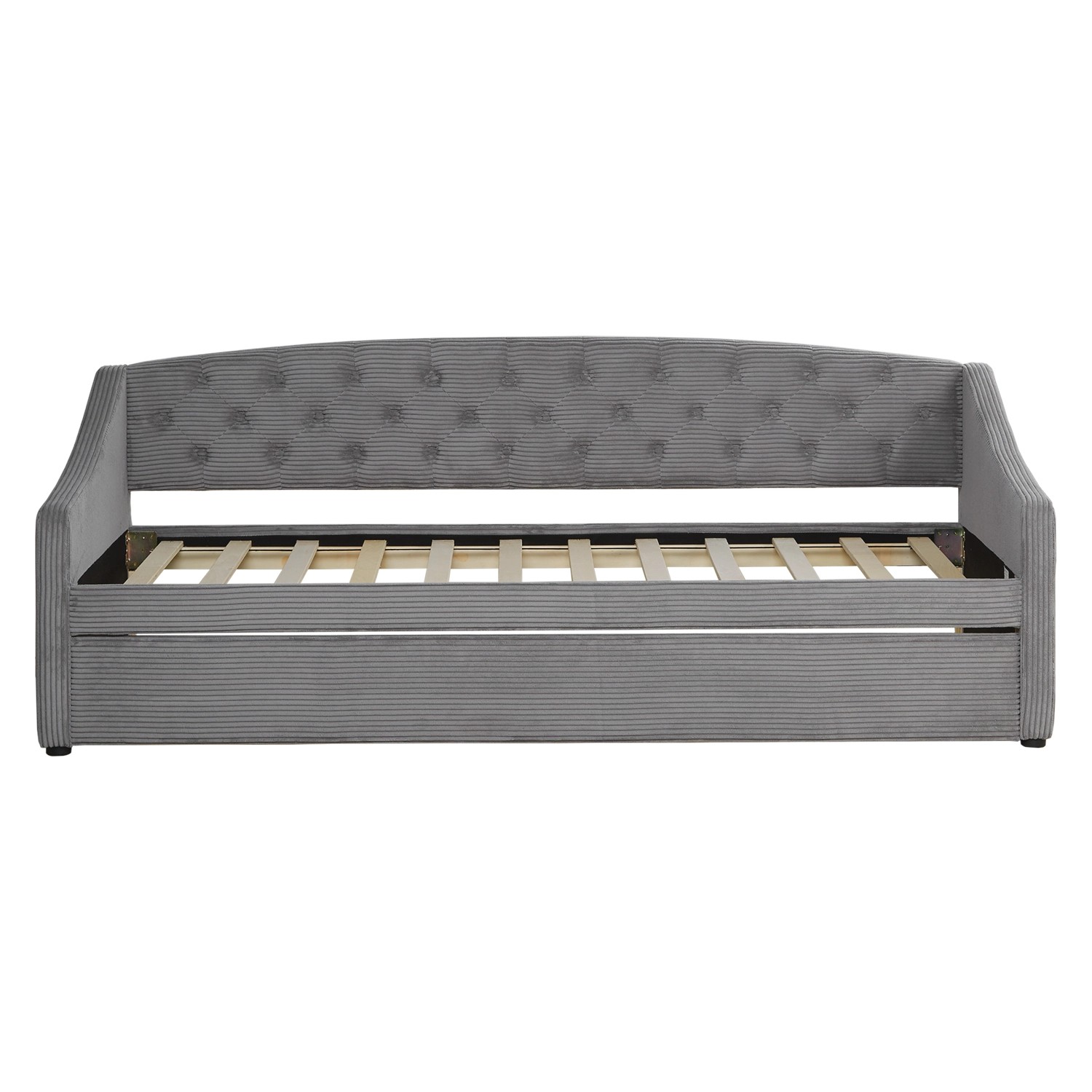 Graues Homestyle4u Polsterbett 90x200 mit Ausziehfunktion und Lattenrost.