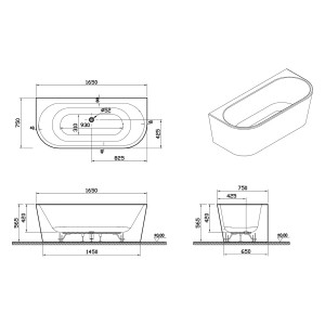 Technische Zeichnung: pianura Vorwand-Badewanne, 165x75 cm, Valentina Weiß, Maße und Ansichten.