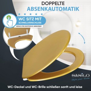 Goldener SANILO WC-Sitz aus Holz mit Absenkautomatik und Schnellverschluss. Glitzer-Design für Bad.