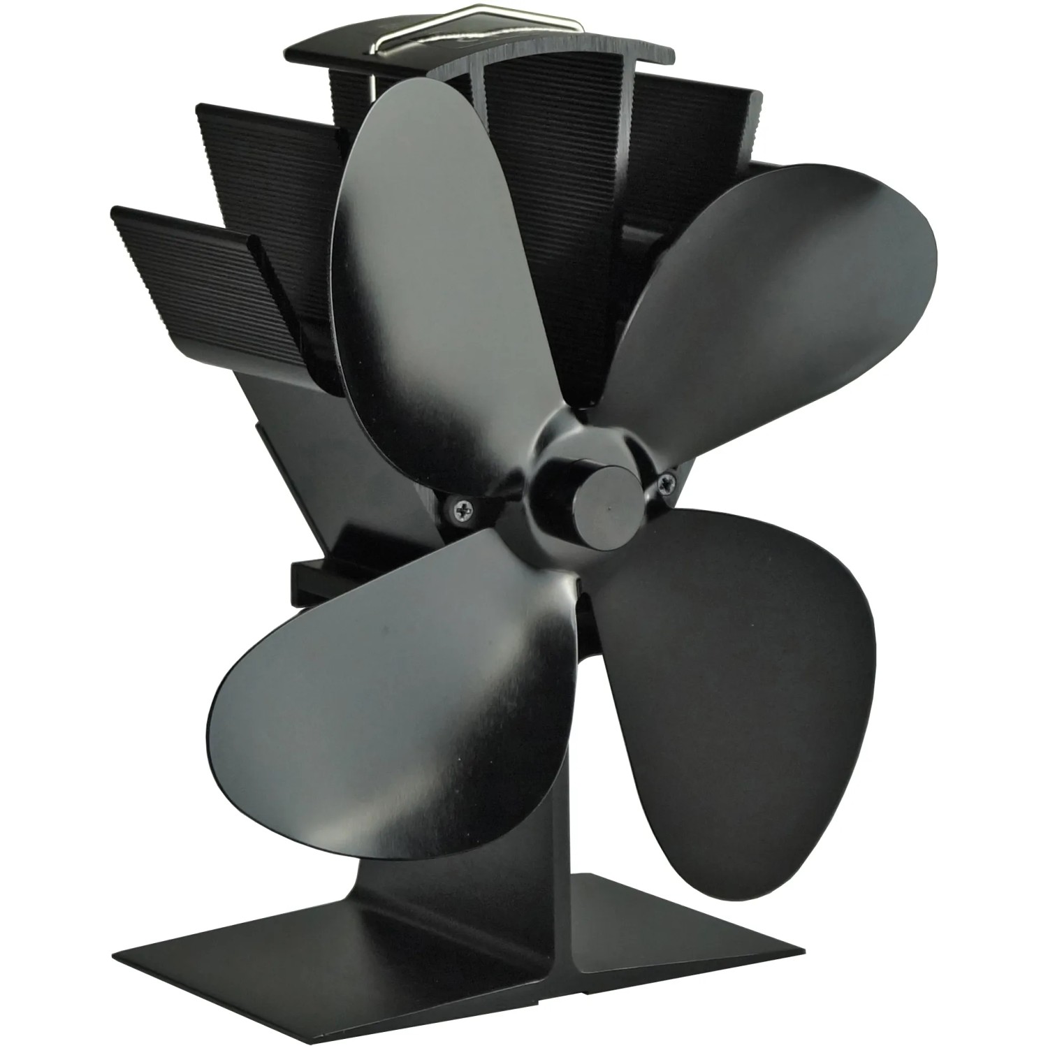 Schwarzer, stromloser Firefix Kaminofen-Ventilator zur effizienten Wärmeverteilung.