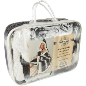 Bestlivings Kuscheldecke mit Kapuze, 130x180 cm, Schwarz, verpackt in transparenter Tasche.