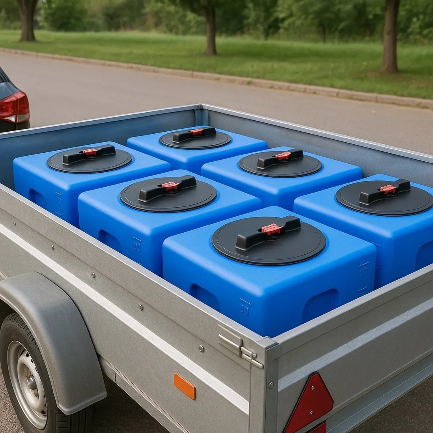 Sechs blaue KMND 60L Kubus Trinkwasser Wassertanks mit schwarzen Deckeln, sicher im Anhänger transportiert.