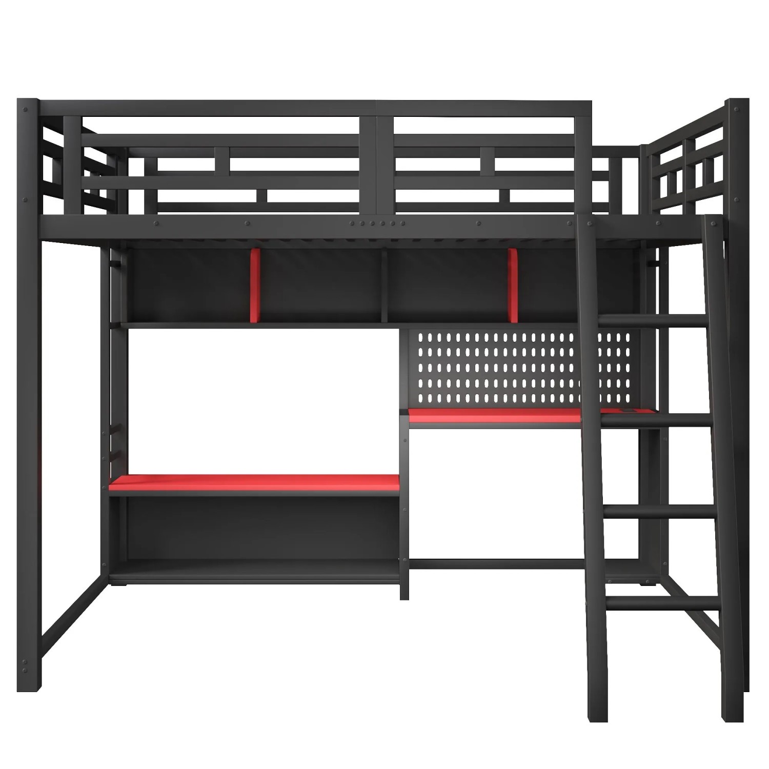 Merax Gaming Metall Etagenbett 140x200 cm Mit Schreibtisch LED Aufbewahrungsregalen Schwarz Rot
