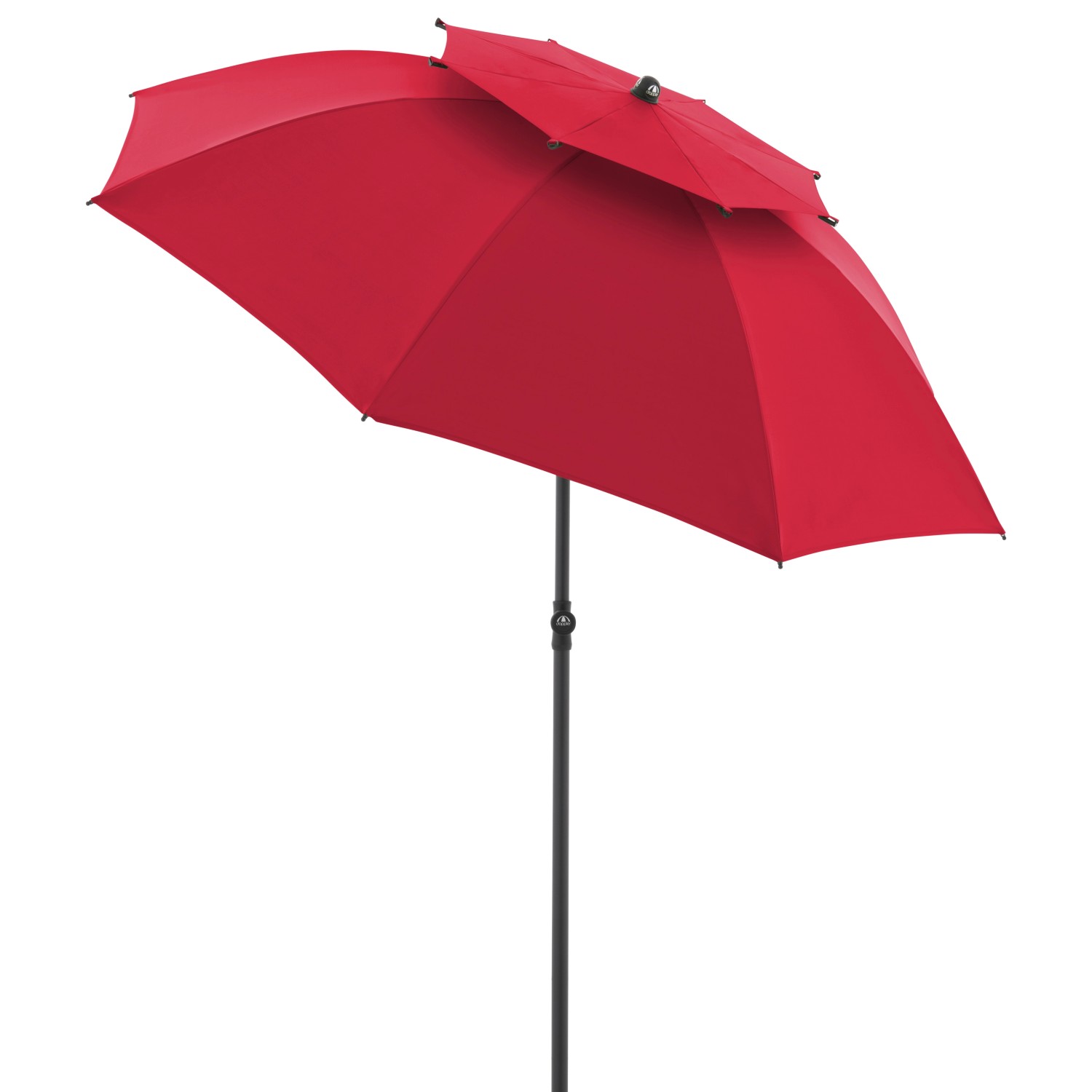 Roter Doppler Strandschirm Windprofi Neo 200 mit Windventil und Fiberglas-Streben.
