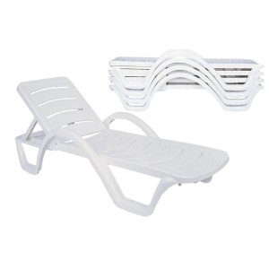 Weißes DELUKE OLAF Sonnenliegen 4er Set aus Kunststoff, stapelbar, mit verstellbarer Rückenlehne für Garten & Terrasse.