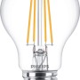 Philips LED-Lampe E27 in Glühlampenform, 7W, 850lm. Klares Glas, LED-Filamente sichtbar.
