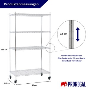 Silbernes PROREGAL Gitterregal HADES mit 4 höhenverstellbaren Böden und Rollen. 160x90x60cm.