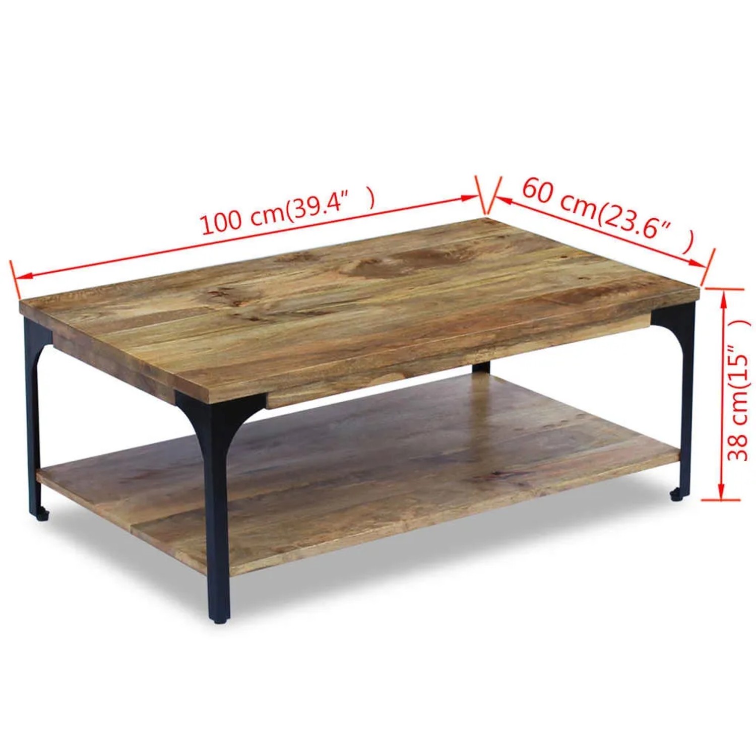 Rechteckiger vidaXL Couchtisch aus Mangoholz (100x60x38 cm) mit Ablagefach und schwarzem Stahlrahmen.