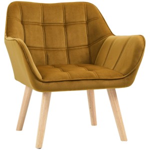 Gelber Loungesessel im Skandi-Design mit Samtbezug und Holzbeinen. Gepolsterter Einzelsessel für Wohnzimmer.