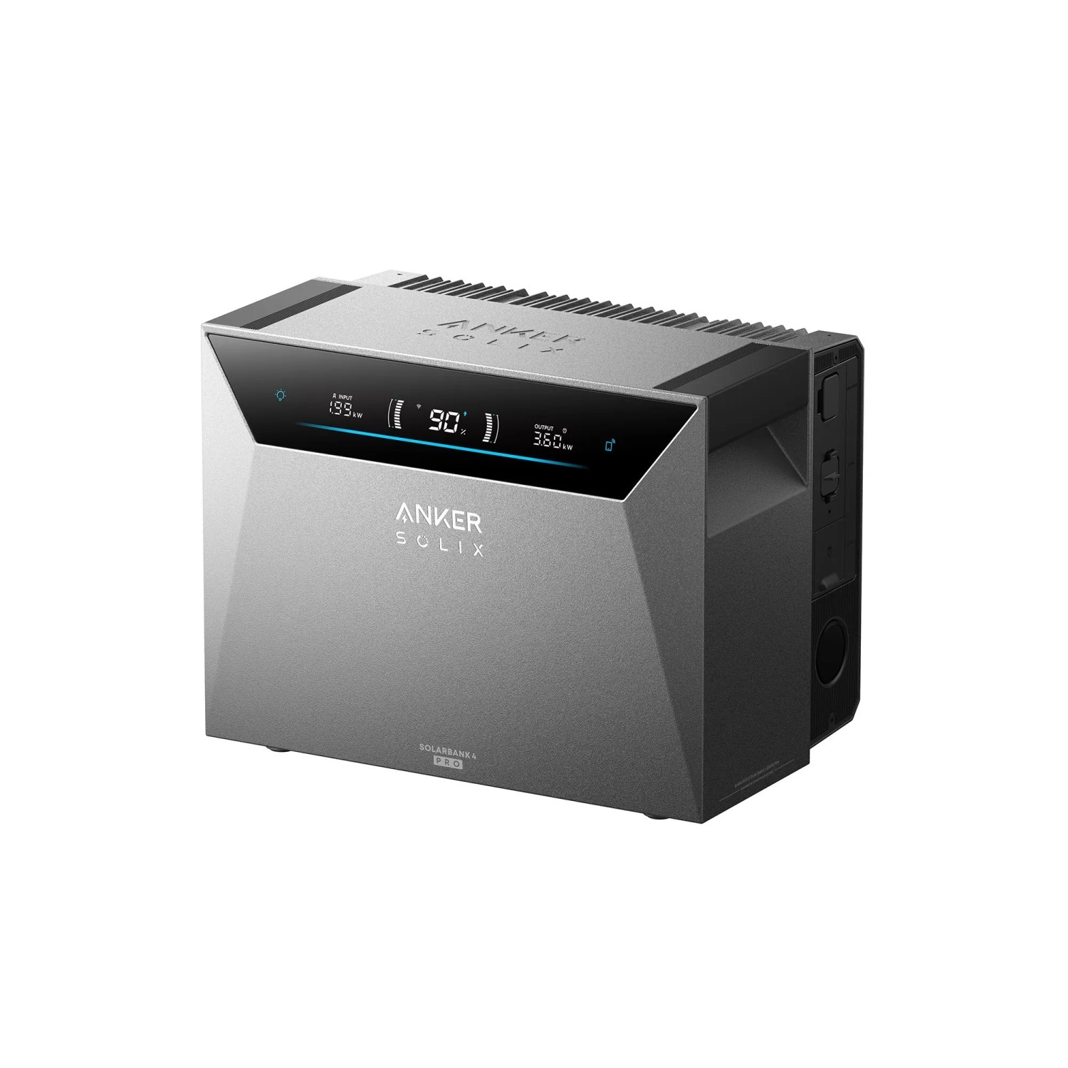 Anker Solix Solarbank 4 E5000 Pro, graues kompaktes Gerät mit Display für Balkonkraftwerke.