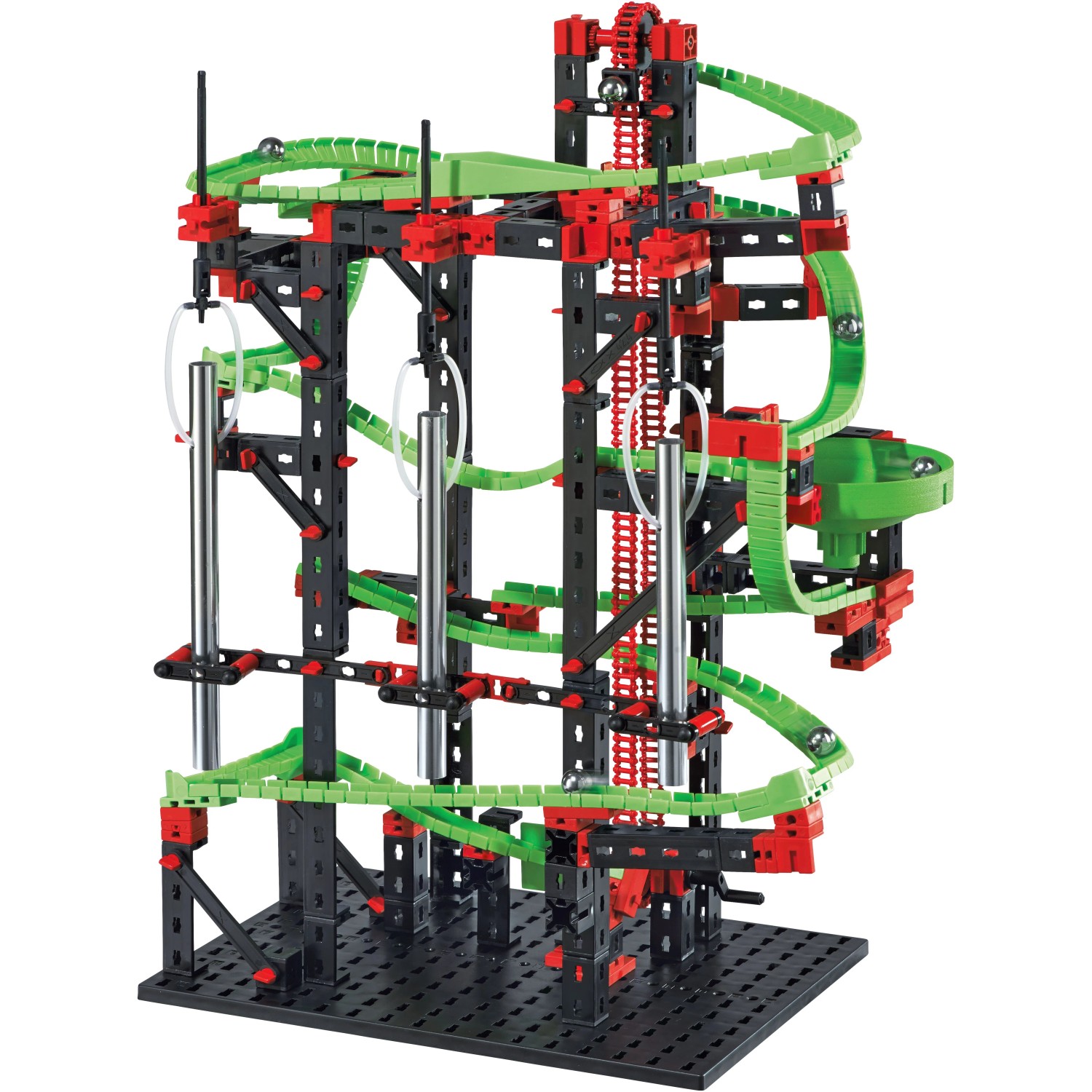 Fischer Kugelbahn Dynamic M mit Klangbauteilen, Kettenaufzug und Trichter.
