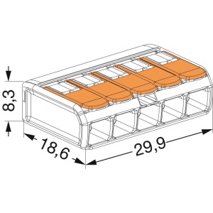 WAGO 221 5-polige Verbindungsklemme mit Hebel, transparent/orange, 29,9x18,6x8,3mm für Elektroinstallation.
