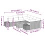 Beiges 9-teiliges Garten-Sofa-Set aus Poly Rattan mit Maßen.