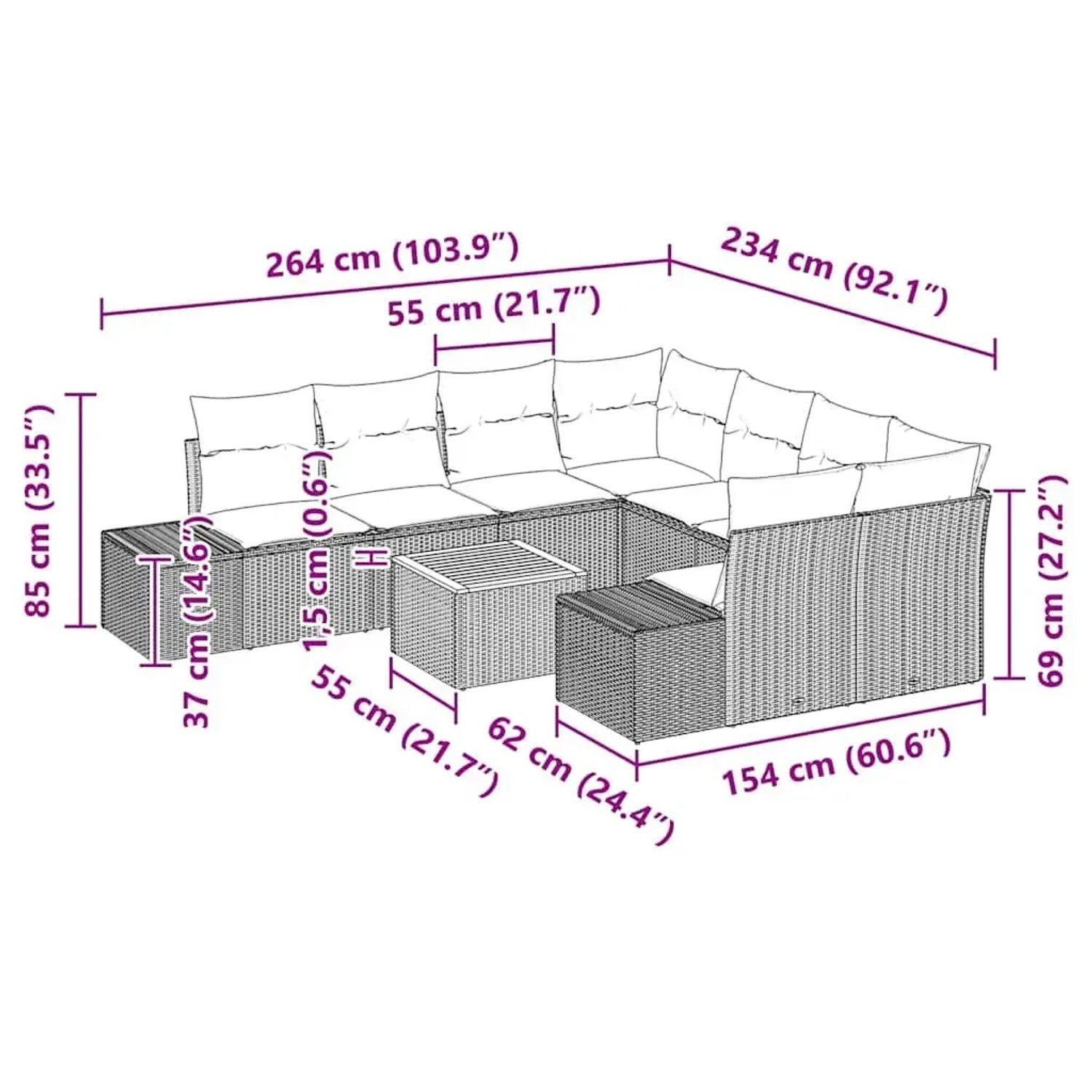Beiges 9-teiliges Garten-Sofa-Set aus Poly Rattan mit Maßen.