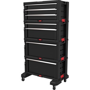 Schwarzer Werkstattwagen mit 7 Schubladen, bestehend aus 4 Werkzeugkisten mit Rollen.