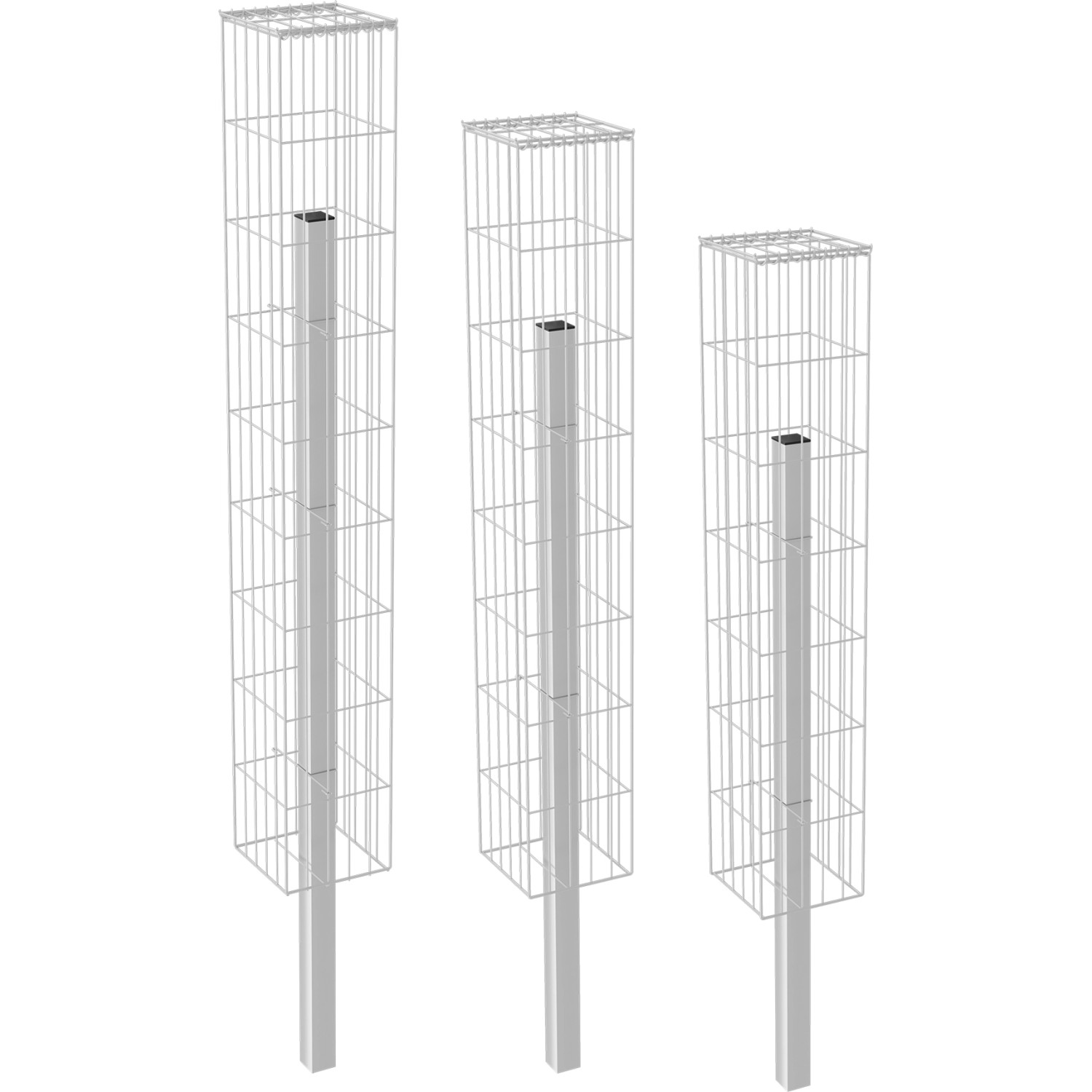 Drei Gabionenkörbe von Wilk als Säulen mit unterschiedlicher Höhe.