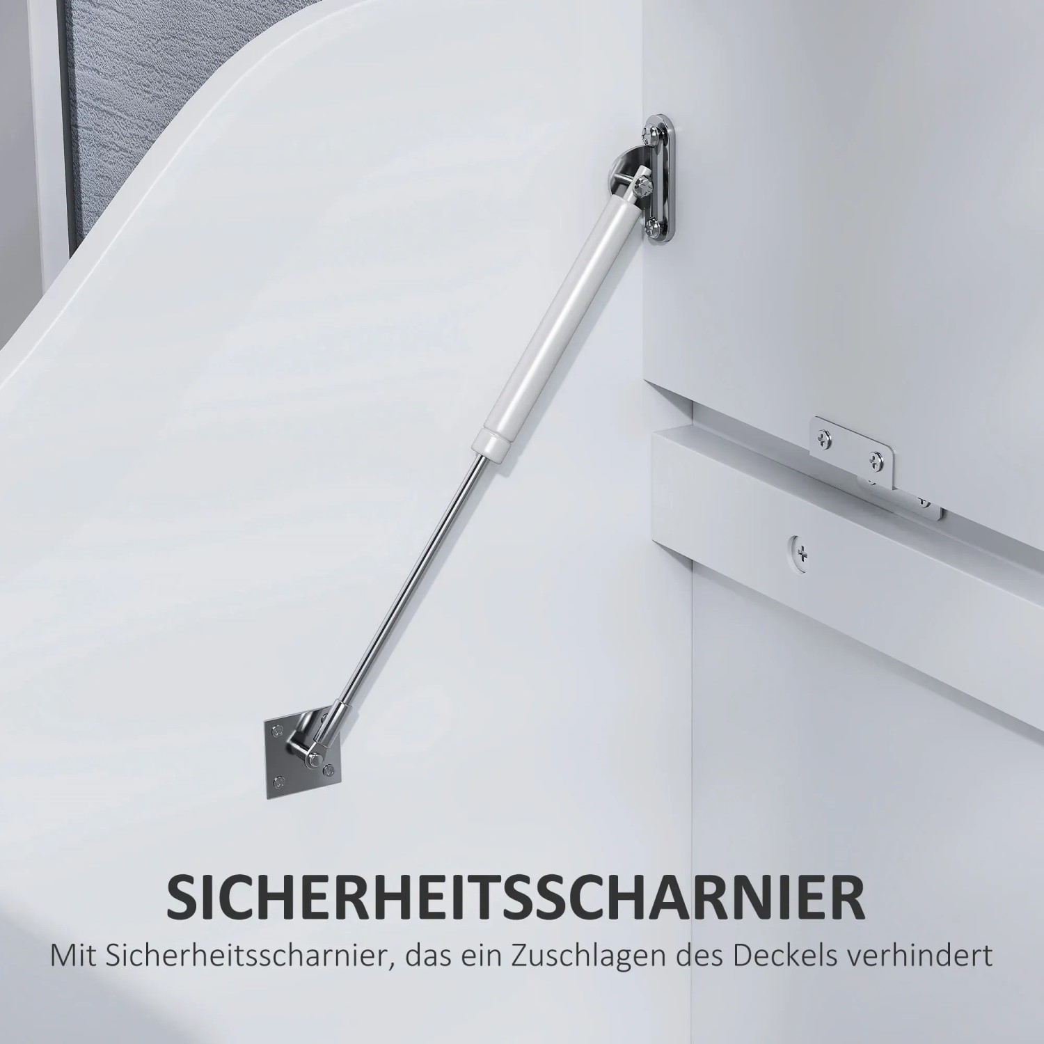 Detailaufnahme: Sicherheitscharnier der weißen HOMCOM Truhe / Aufbewahrungsbox.