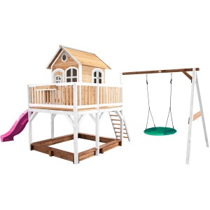 Axi Liam Spielhaus mit Nestschaukel, Rutsche lila, Sandkasten, Holz braun-weiß.