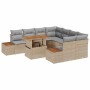 Beiges 9-teiliges vidaXL Garten-Sofa-Set aus Poly Rattan mit Tisch und grauen Kissen.